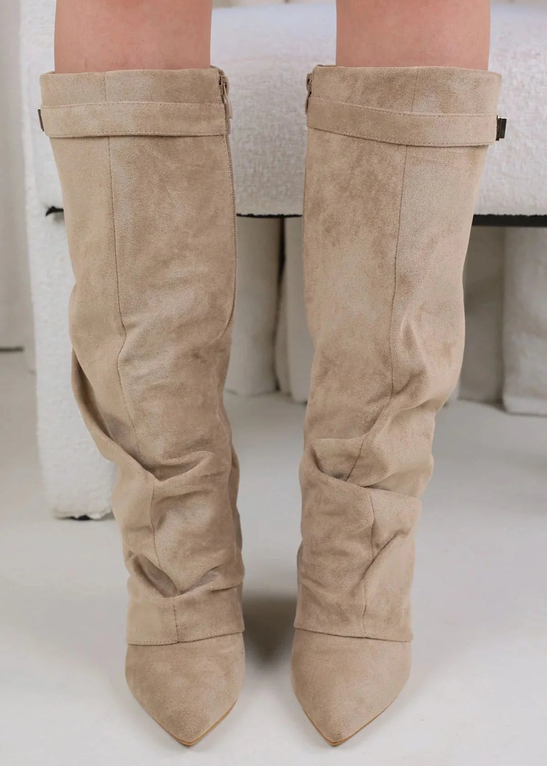 Valentina - Slouchy Knee-High Boots made of Suede - Beige