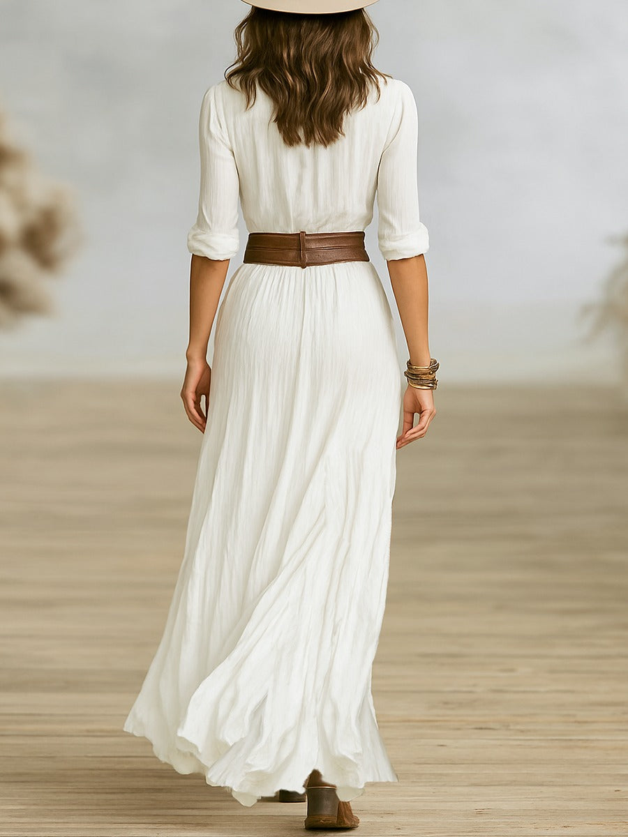 Crissa | Long Belted Dress With Pleated Lapels