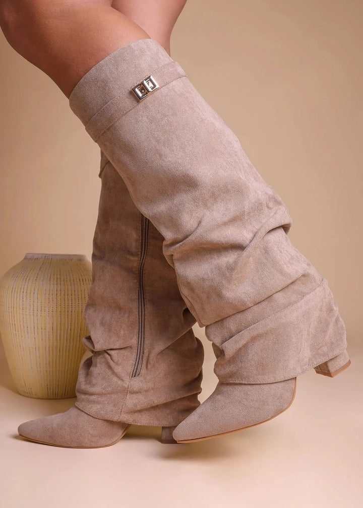 Valentina - Slouchy Knee-High Boots made of Suede - Beige