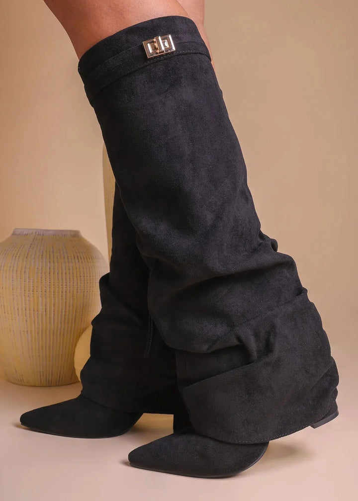 Genevieve - Slouchy Knee-High Suede Boots – Black
