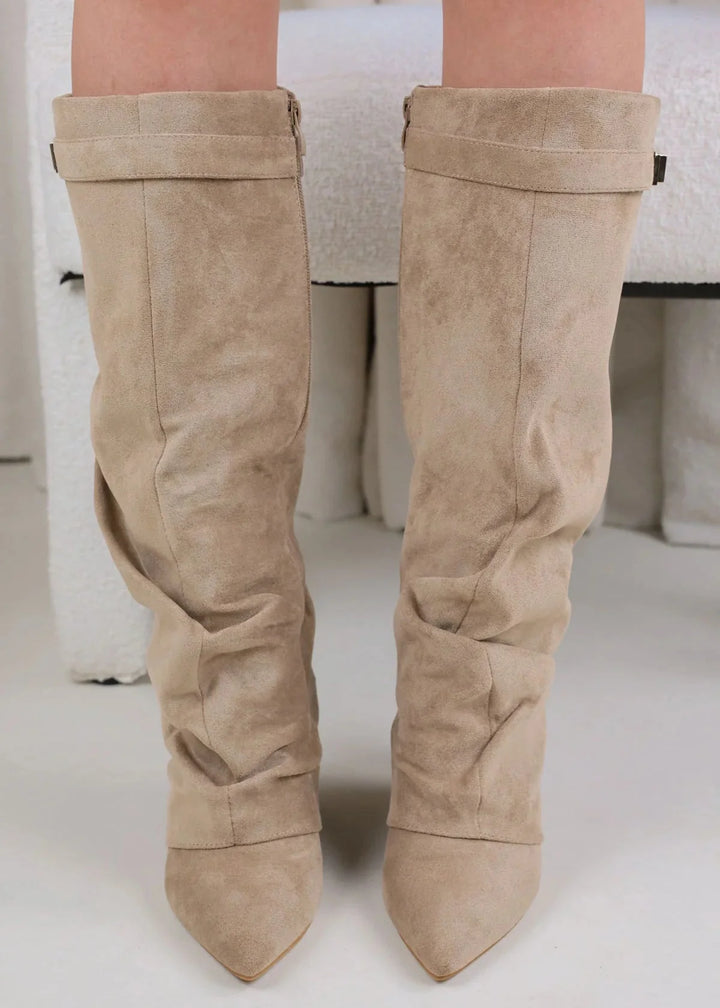 Valentina - Slouchy Knee-High Boots made of Suede - Beige