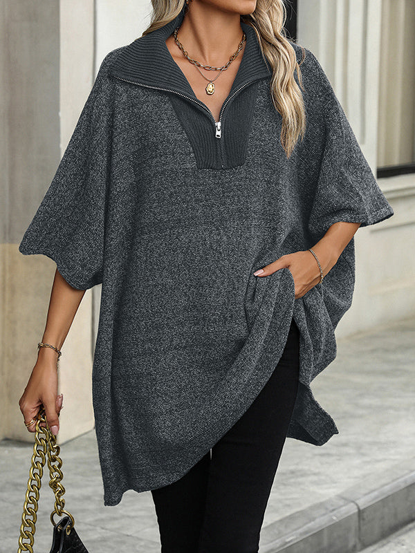 Olivia | Zip Collar Knit Sweater Poncho
