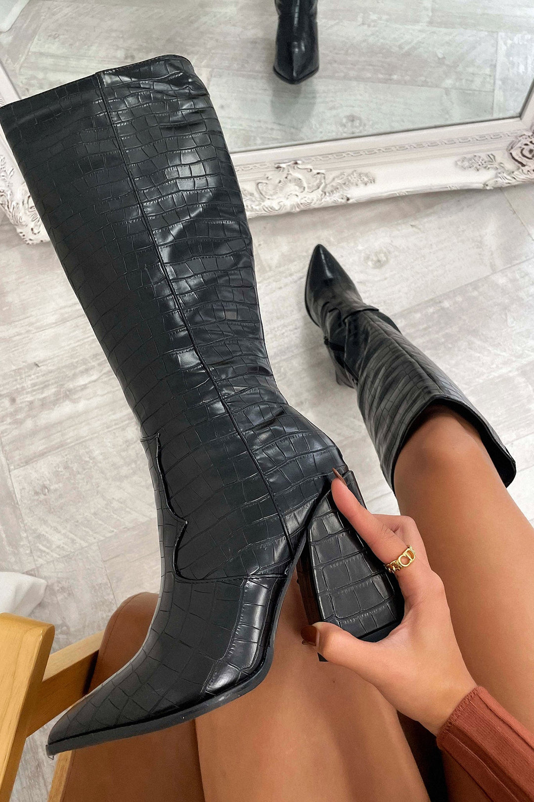 Mila - Black Croc Knee-High Boots