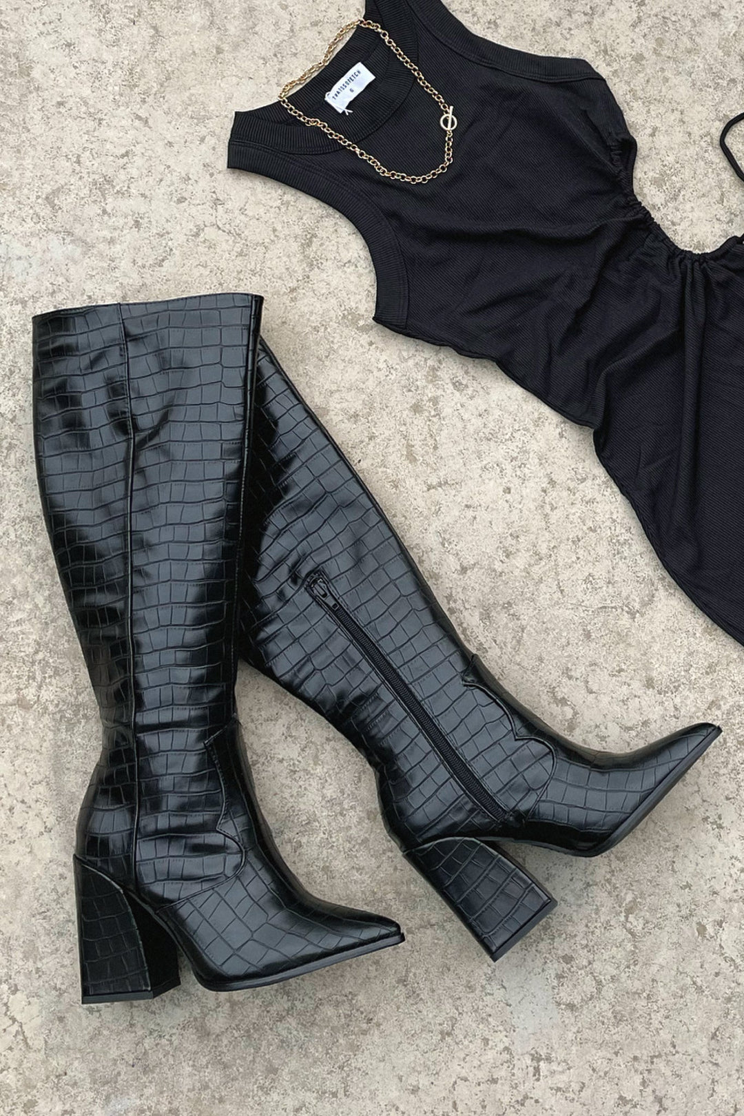 Mila - Black Croc Knee-High Boots