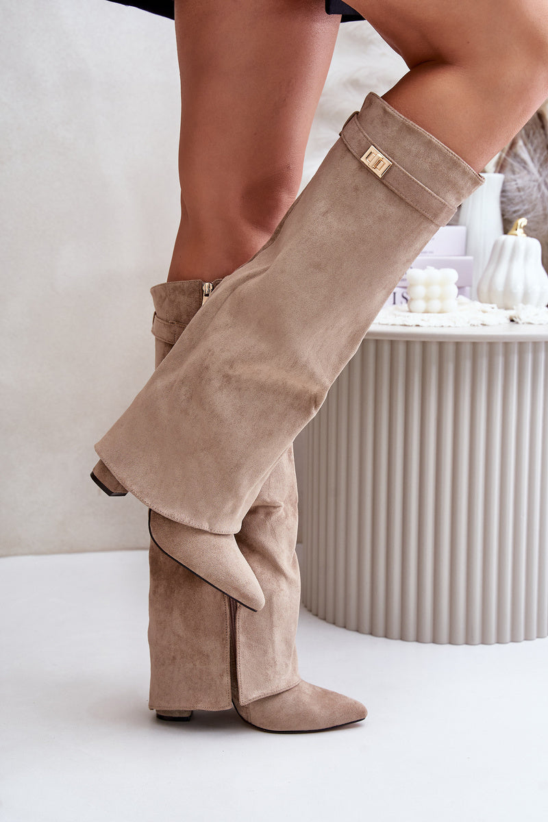 Vivienne - Knee-High Suede Boots - Beige